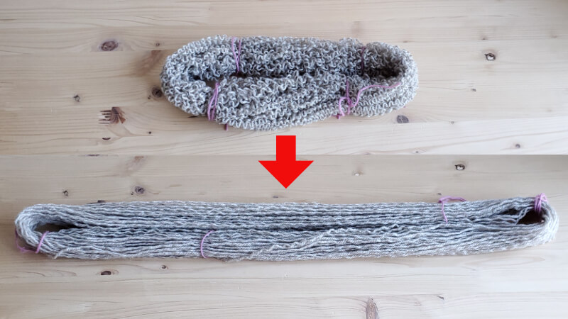 縮んだ毛糸との伸びた毛糸の比較写真